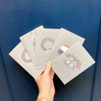 Christmas Cards, printed on hammered Gesso paper, hand drawn by Esme Cameron, Grange Gallery, Dorset