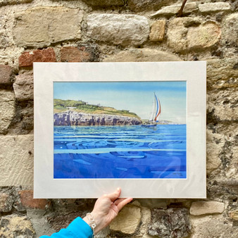 'Sailing Past Durlston Castle' limited edition print of an original watercolour by Cathy Veale, Grange Gallery, Dorset