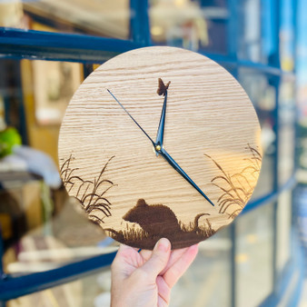 Mouse and Butterfly, Oak Clock designed and made by Jason and Esme, Grange Gallery, Dorset