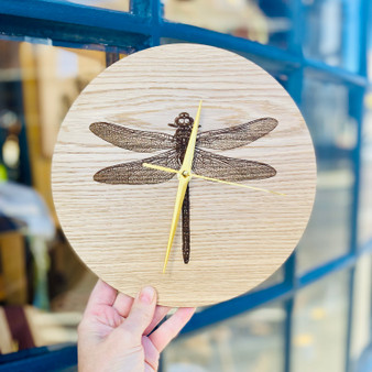 Dragonfly, Oak Clock designed and made by Jason and Esme, Grange Gallery, Dorset