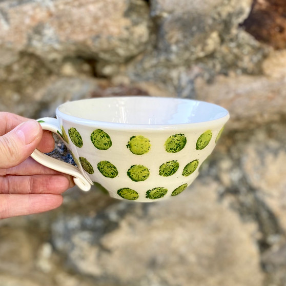 Ceramic mug with hand printed spot design by Jane Elmer-Smith, Grange Gallery, Dorset
