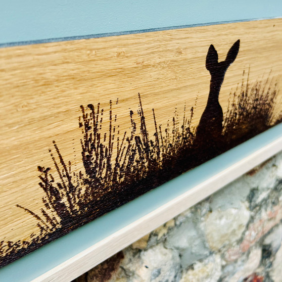 Peeping Deer, engraving on Oak, designed and made by Jason and Esme at Grange Gallery, Dorset
