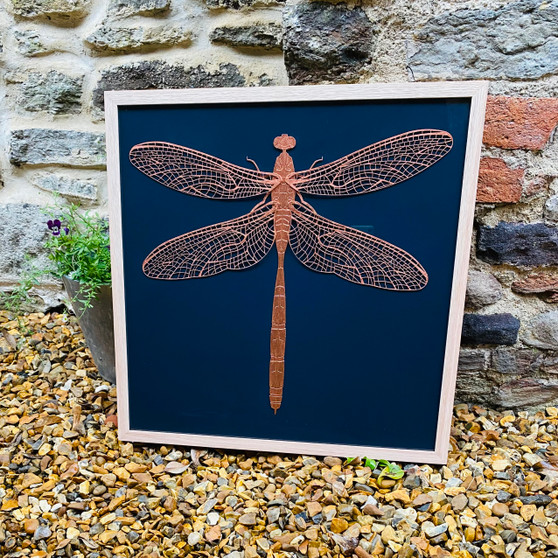 Copper Dragonfly, woodcut hand covered in gold leaf by Jason and Esme, Grange Gallery, Dorset