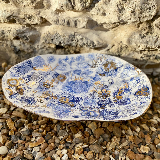 Platter with a Blue and White Glaze and a Gold Lustre finish  designed and made by Jane Elmer-Smith,  Grange Gallery, Dorset