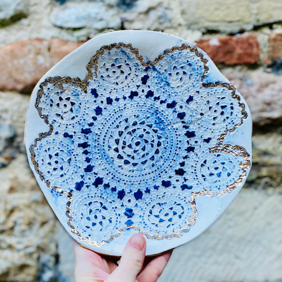 Lacey Dish Print with a Blue and White Glaze and a Gold Lustre finish designed and made by Jane Elmer-Smith,  Grange Gallery, Dorset