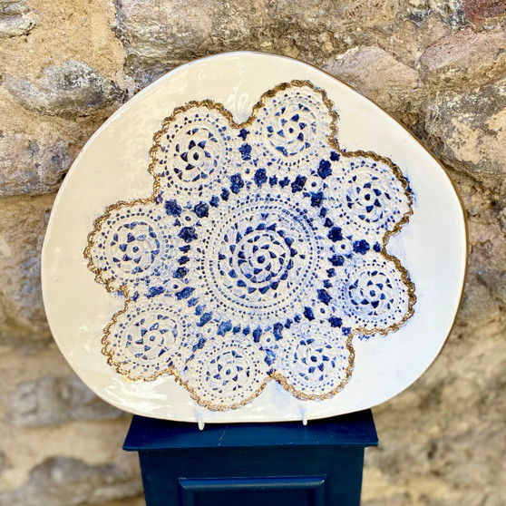 Lacey Platter Print with a Blue and White Glaze and a Gold Lustre finish designed and made by Jane Elmer-Smith,  Grange Gallery, Dorset