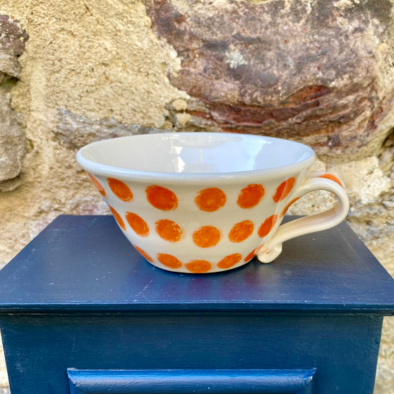 Ceramic mug with hand printed spot design by Jane Elmer-Smith, Grange Gallery, Dorset