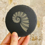 Ammonite engraved coaster set of four, designed by Jason and Esme at Grange Gallery