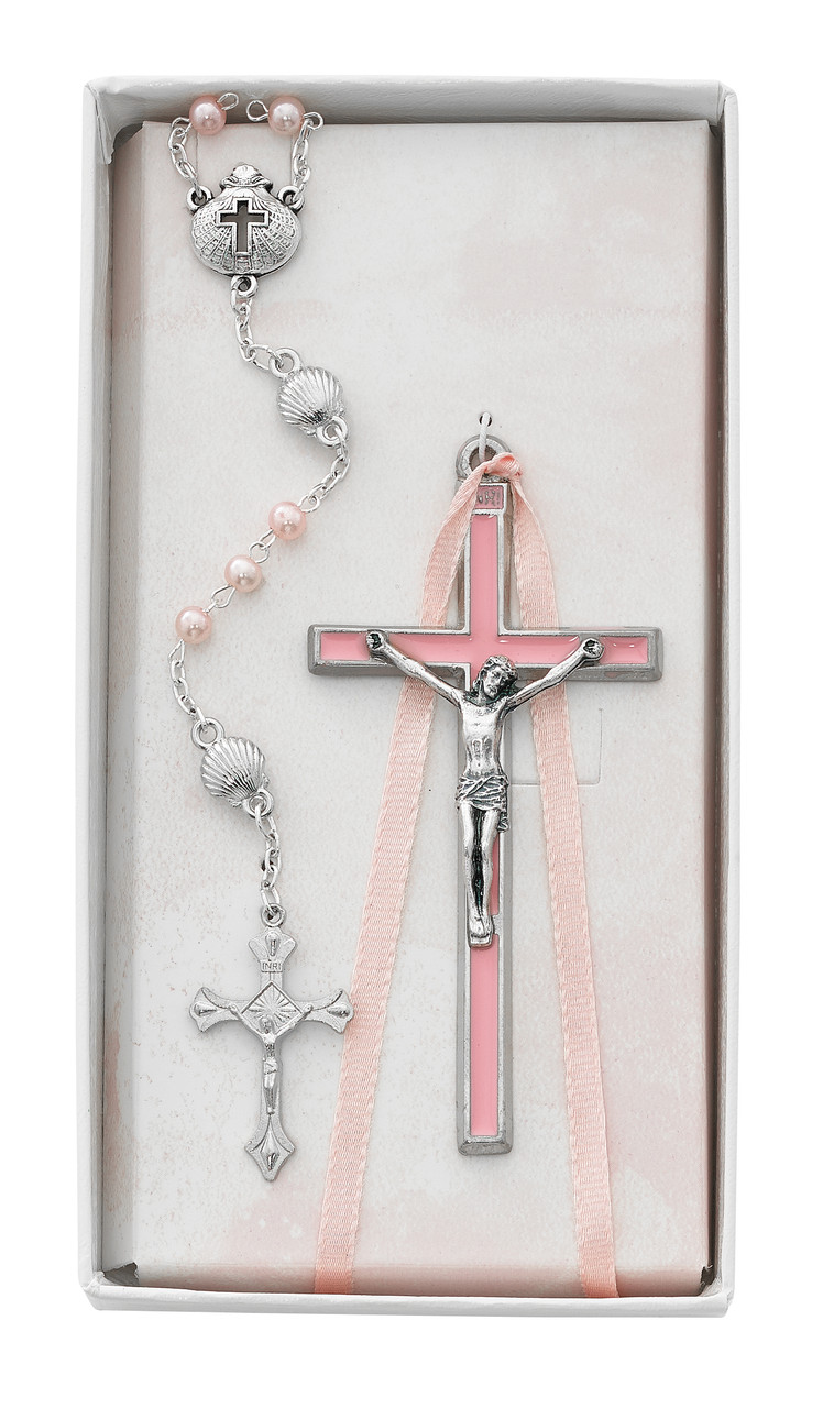 ローマピンク　シルバー　3本　プレゼント付き BS53) PINK CRUCIFIX & SHELL ROSARY - McVan