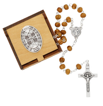 (35-29) ST BENEDICT WOOD ROSARY & BOX