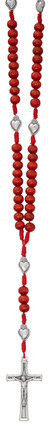 (P597R) RED WOOD SACRED HEART ROSARY,