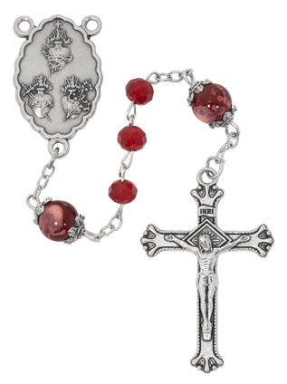 (P635C) 6MM RUBY 3 HEART ROSARY WITH