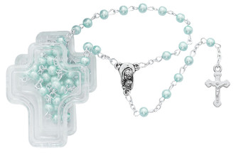 (901BLCB) BLUE PEARL ROSARY IN CROSS BOX