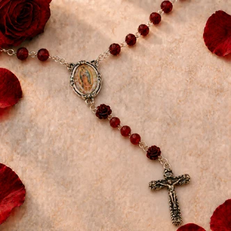 (P677R) RED GUADALUPE ROSARY WITH ROSE