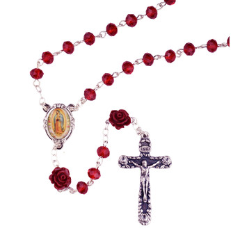 (P677X) RED GUADALUPE ROSARY WITH ROSE