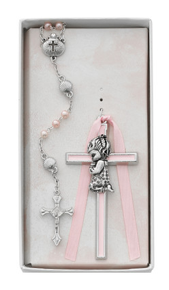 (BS51) PINK GIRL CROSS & SHELL ROSARY