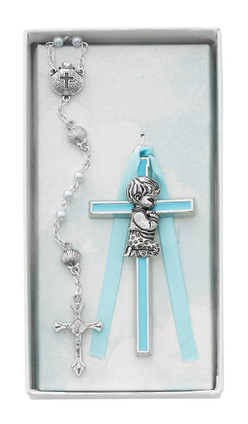 (BS52) BLUE BOY CROSS & SHELL ROSARY