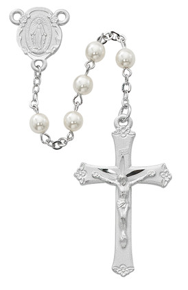 (R439RF) 6MM PEARL ROSARY RHODIUM