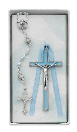 (BS54) BLUE CRUCIFIX & SHELL ROSARY