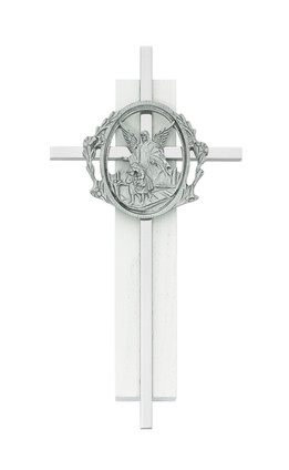 (73-61) 6" SILVER CROSS ON WHITE WOOD