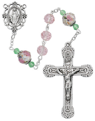 (R873F) 8MM PINK CRYSTAL FLOWER ROSARY