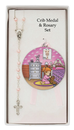 (BS72) PRAYING GIR MEDAL & ROSARY SET