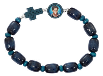 GIRLS BLUE WOOD CARLO ACUTIS STRETCH ROSARY BRACELET