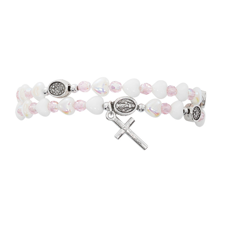 (B1053C) PINK & WHITE HEART WRAP ROSARY