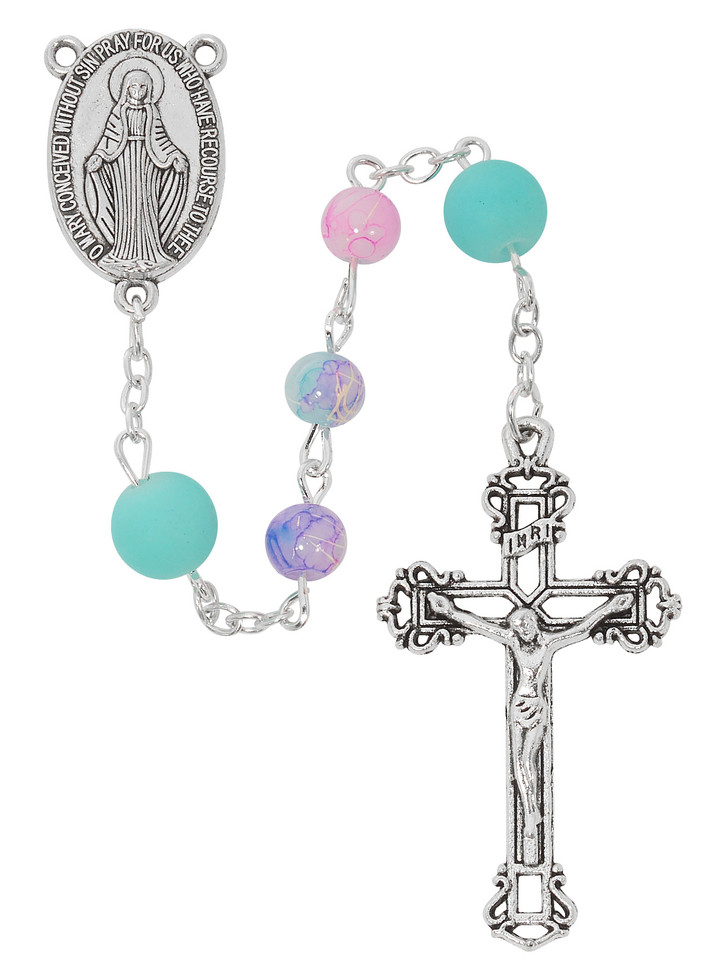 (P629F) PINK & BLUE GLASS ROSARY