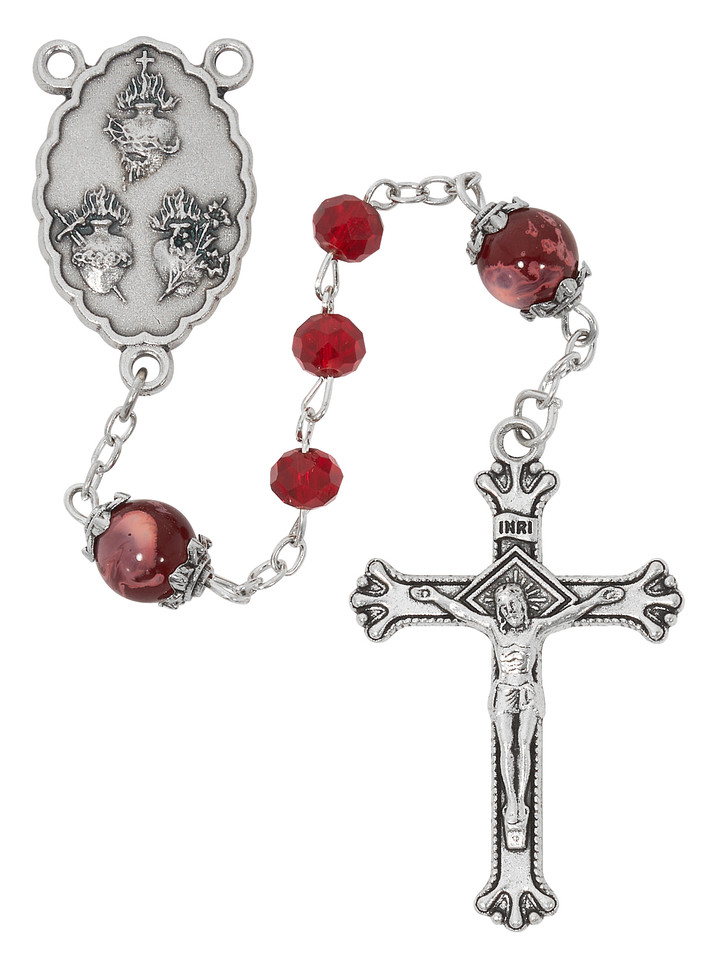 (P635C) 6MM RUBY 3 HEART ROSARY WITH