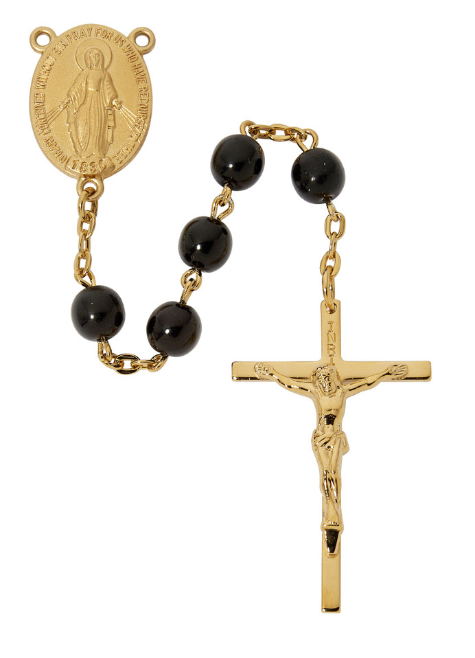 (R982JF) 7MM G/SS BLACK GLASS ROSARY