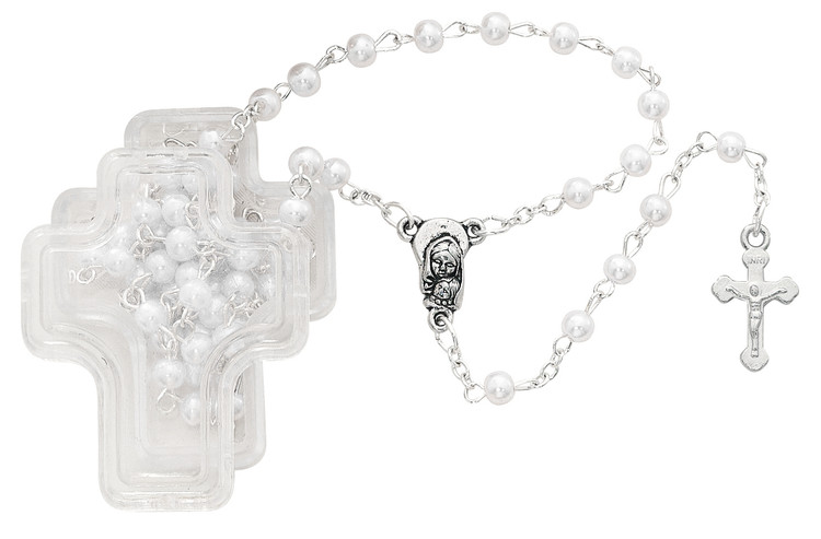 (901PRLCB) PEARL ROSARY IN CROSS BOX