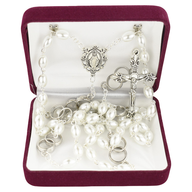 (R1030F) SILV OVAL PEARL WEDDING ROSARY