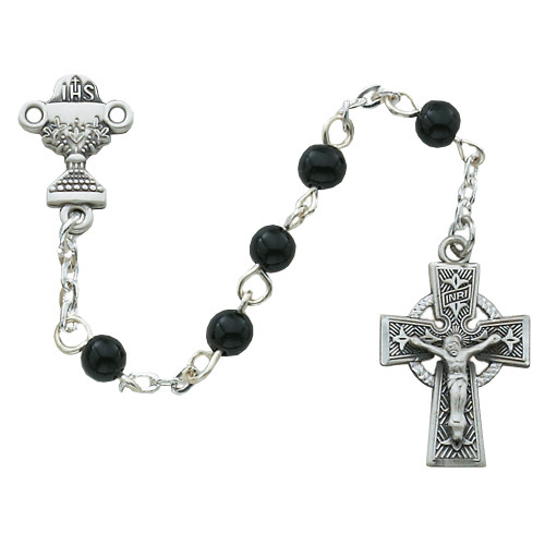 (C23LB) SS 5MM BLK CELTIC COMM ROSARY