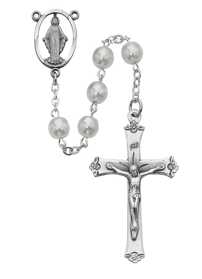 (R276RF) 7MM WHITE GLASS PEARL ROSARY