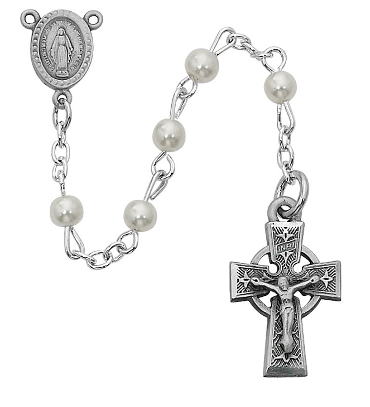 (R320DG) 5MM PEARL ROSARY PEWTER CELTIC
