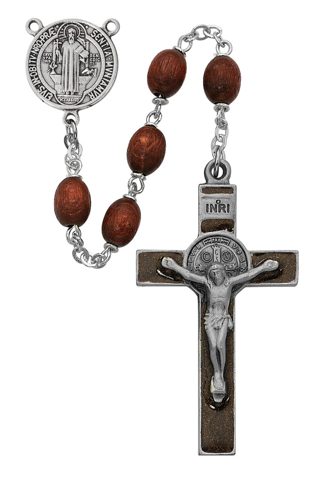 (R390DF) 6X8MM BROWN ST BENEDICT ROSARY