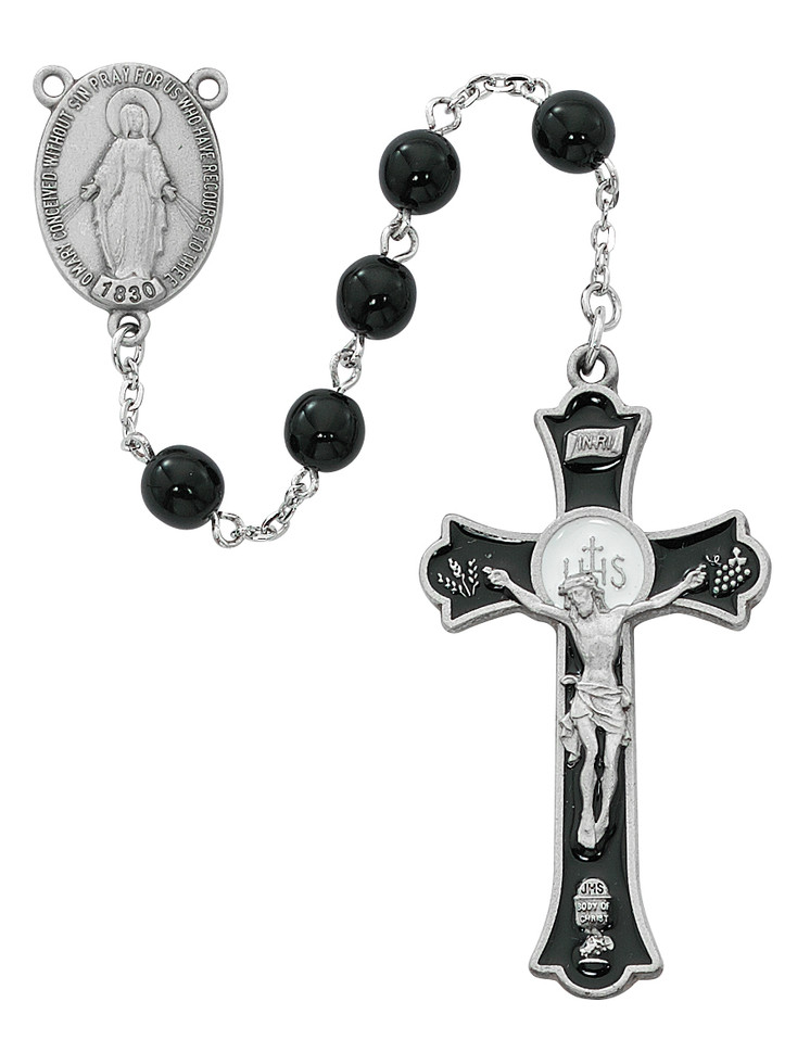 (R560DF) 7MM PEWT BLACK GLASS ROSARY