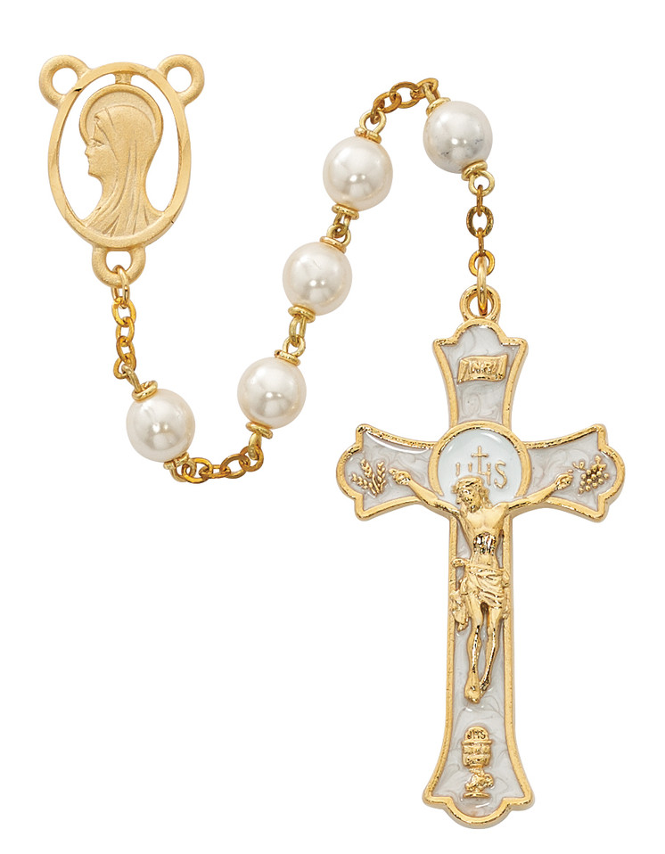 (R563HF) 7MM GOLD AND PEARL ROSARY