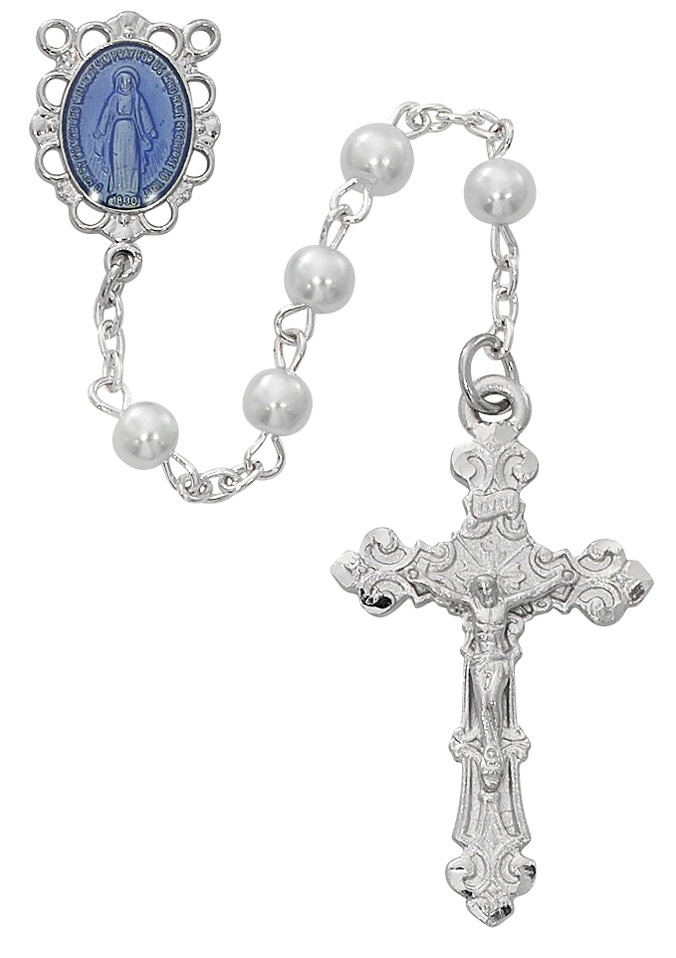 (R673RF) 5MM RHODIUM PEARL ROSARY 