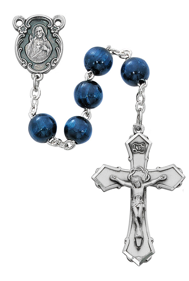 (P282R) BLUE WOOD SILVER OX ROSARY