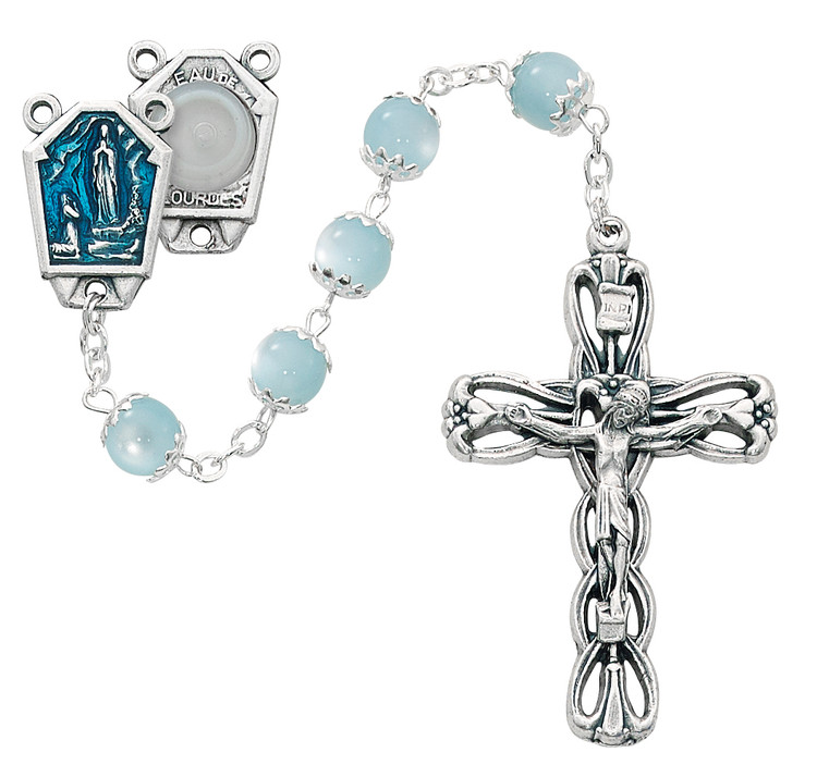 (601F) 8MM BLUE GLASS LOURDES ROSARY