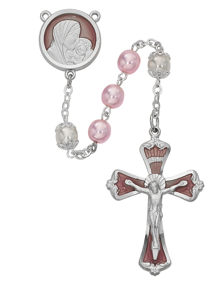 (772RF) 7MM PINK PEARL ROSARY W/ENAMEL