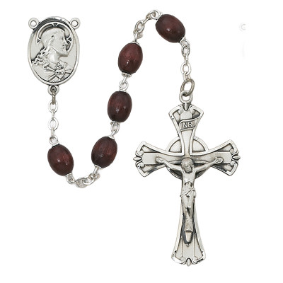 (600LF) SS 6X8MM BROWN WOOD ROSARY