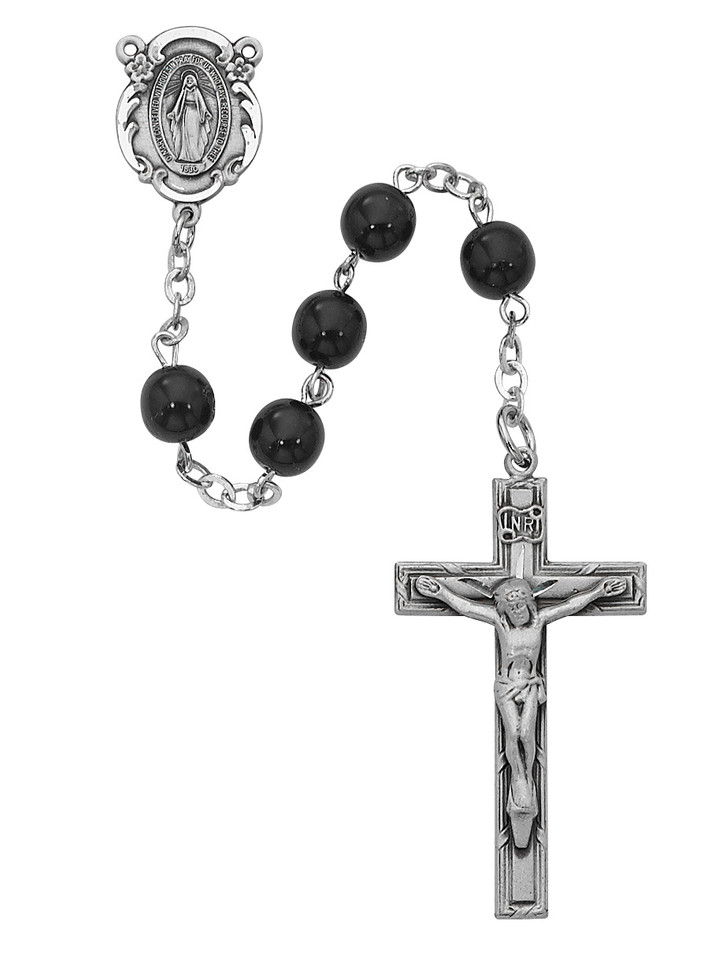 (121L-BKF) SS 7MM BLACK GLASS ROSARY