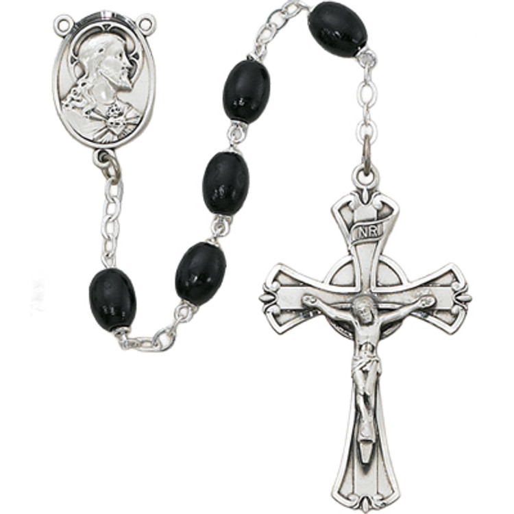 (599LF) SS 6X8MM BLACK WOOD ROSARY
