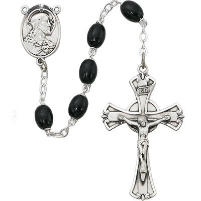 (599LF) SS 6X8MM BLACK WOOD ROSARY