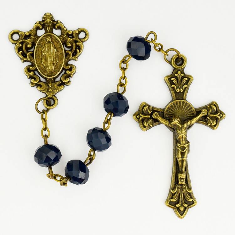 (P395R) ANT GOLD BLUE SUN-CUT ROSARY 