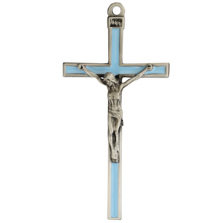 (73-36) 5" BLUE ENAMEL SILVER CRUCIFIX
