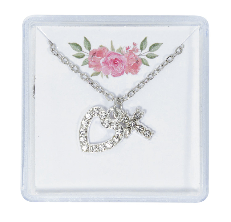 (NK222P) 16" CRYSTAL CROSS & HEART PEND